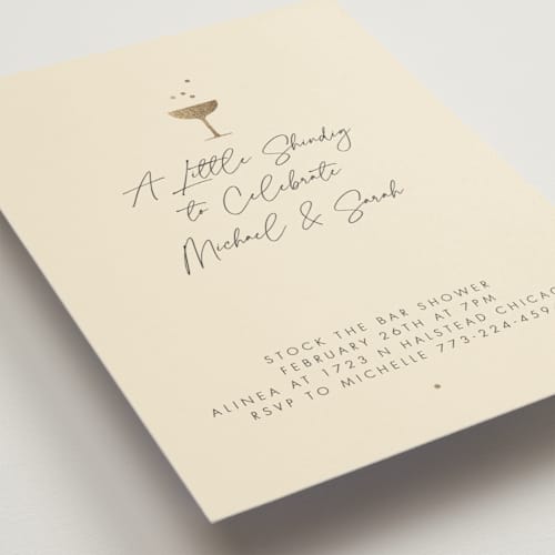 This is a champagne bridal shower invitations with foil pressed by mo kelley called a little shindig printing on signature in standard
