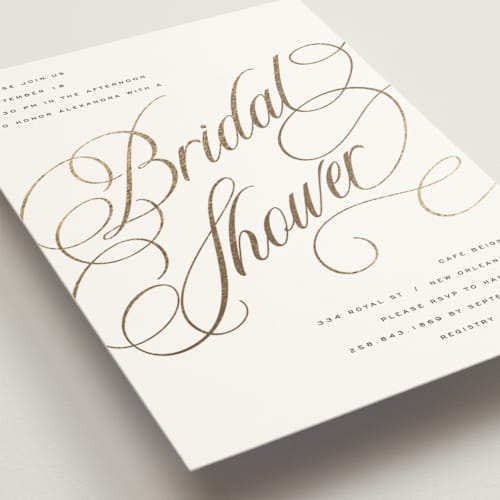 This is a snow bridal shower invitations with foil pressed by Stacy Maalouf called bridal shower script printing on signature in standard