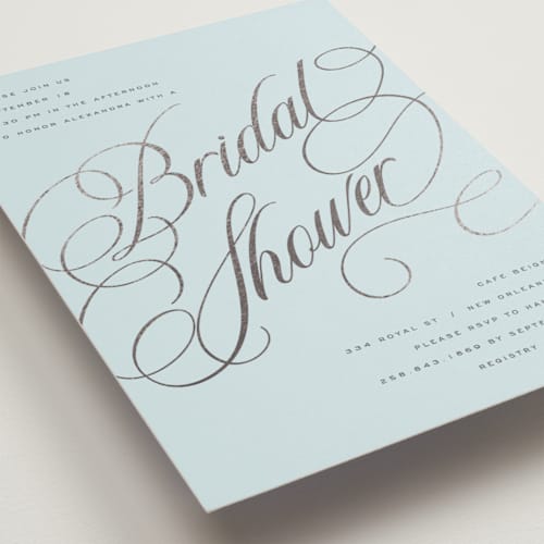 This is a sky bridal shower invitations with foil pressed by Stacy Maalouf called bridal shower script printing on signature in standard