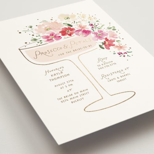 This is a valentine bridal shower invitations with foil pressed by Itsy Belle Studio called prosecco & petals printing on signature in standard