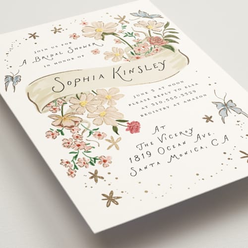 This is a sugar bridal shower invitations with foil pressed by Leah Bisch called flowers and ribbon printing on signature in standard