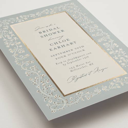 This is a something blue bridal shower invitations with foil pressed by Gwen Bedat called floral romance printing on signature in standard