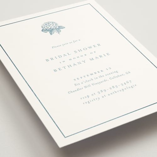 This is a seaside bridal shower invitations with foil pressed by Stacey Meacham called hydrangea bloom printing on signature in standard