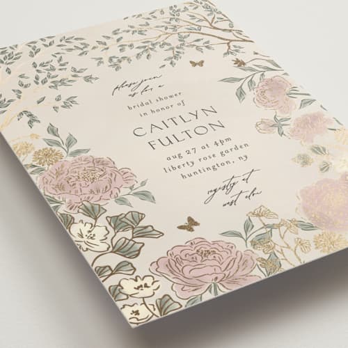 This is a blush meadow bridal shower invitations with foil pressed by Grae called dancing in the garden printing on signature in standard