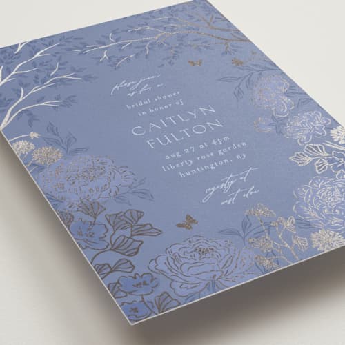 This is a evening periwinkle bridal shower invitations with foil pressed by Grae called dancing in the garden printing on signature in standard