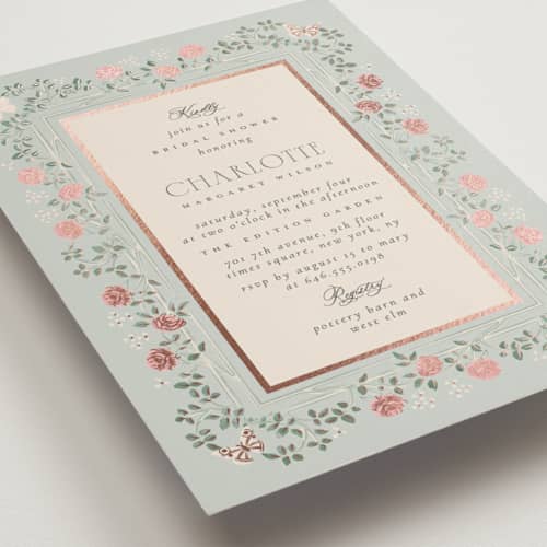 This is a antique sky bridal shower invitations with foil pressed by Ana de Sousa called parisian roses printing on signature in standard