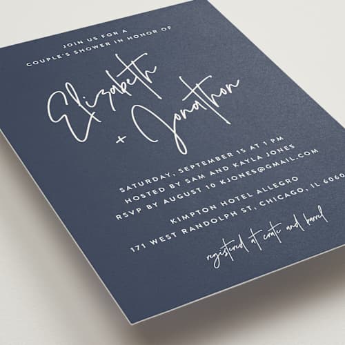 This is a navy bridal shower invitations with standard by JoAnn Jinks called marked printing on signature in standard