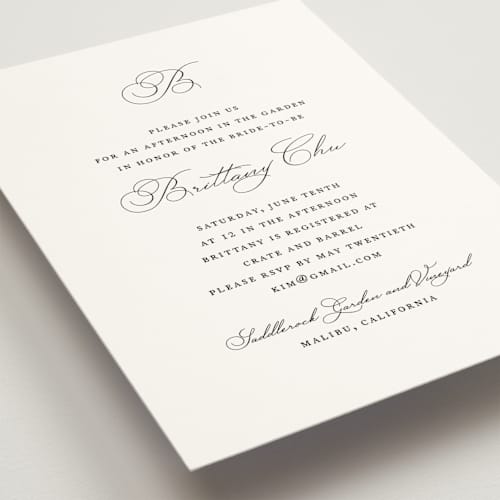 This is a pearl bridal shower invitations with standard by Jennifer Postorino called initial printing on signature in standard