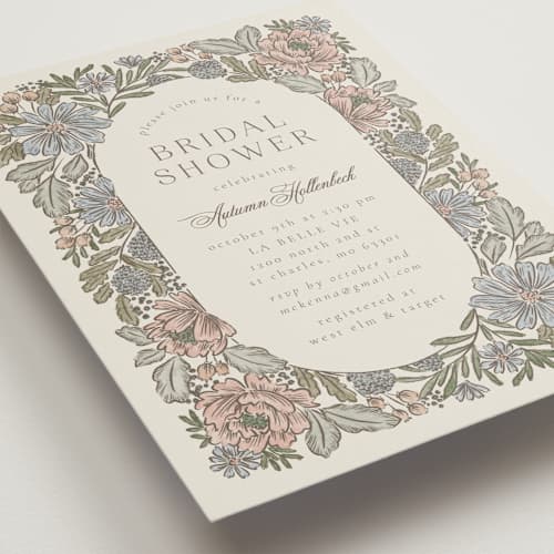 This is a hydrangea bridal shower invitations with standard by Jen Owens called bouquet wrap printing on signature in standard