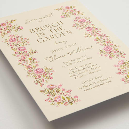 This is a cream bridal shower invitations with standard by Paola Benenati called in the garden printing on signature in standard
