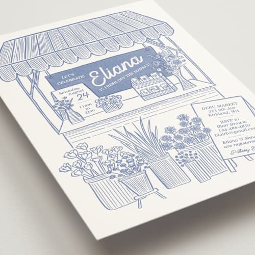 This is a bluebird bridal shower invitations with standard by Carolyn Kach called fresh off the market printing on signature in standard