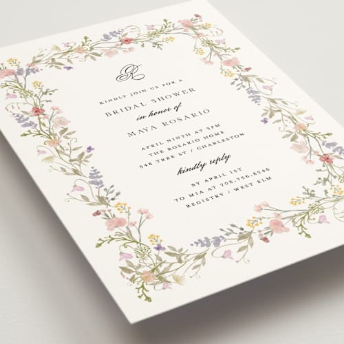 This is a blush bridal shower invitations with standard by Lori Wemple called floral frame printing on signature in standard