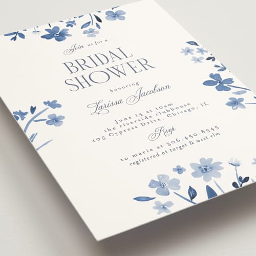 This is a cerulean bridal shower invitations with standard by Nicole Walsh called garden printing on signature in standard