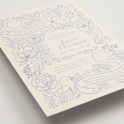 This is a porcelain bridal shower invitations with standard by Rebecca Smith called love birds printing on signature in standard