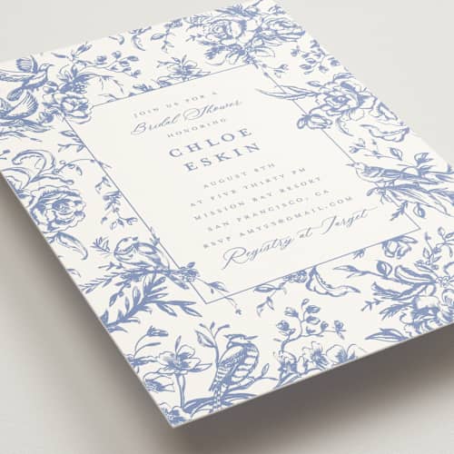 This is a blueberry bridal shower invitations with standard by Teju Reval called dreamy toile printing on signature in standard