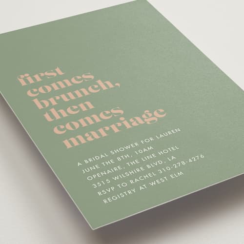 This is a sage bridal shower invitations with standard by mo kelley called first comes brunch printing on signature in standard