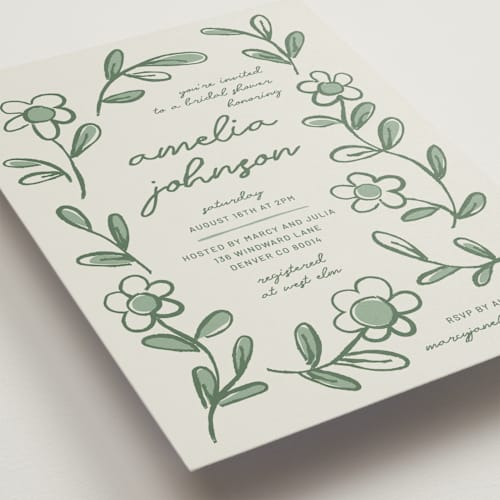 This is a sage bridal shower invitations with standard by Kelly Watkins called blooming printing on signature in standard