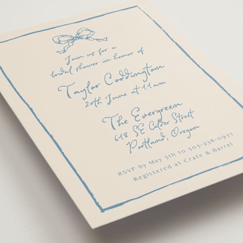 This is a dusty blue bridal shower invitations with standard by Cass Loh called ribbon bow drawing printing on signature in standard