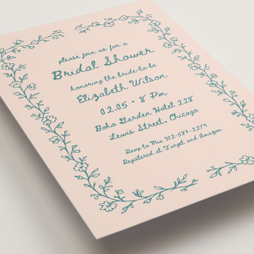 This is a turquoise bridal shower invitations with standard by Rina Ozum called floral lace printing on signature in standard