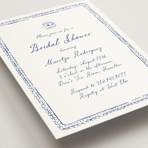 This is a cobalt bridal shower invitations with standard by Carmia Jordaan called tea cup doodle printing on signature in standard
