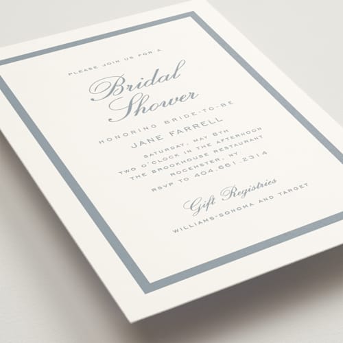 This is a provincial blue bridal shower invitations with standard by Stacey Meacham called prep club printing on signature in standard