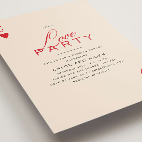 This is a crimson bridal shower invitations with standard by Creo Study called love party printing on signature in standard