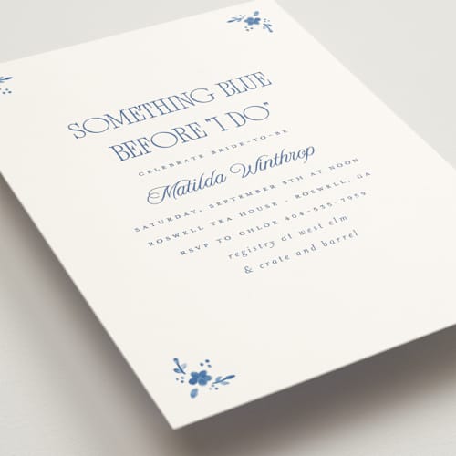 This is a porcelain bridal shower invitations with standard by Morgan Kendall called delft printing on signature in standard