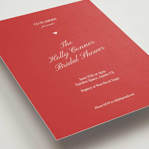 This is a ruby bridal shower invitations with standard by Helena Vitto called club amore printing on signature in standard