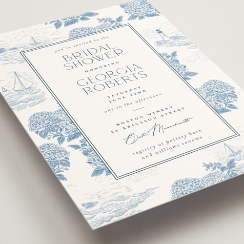 This is a sea bridal shower invitations with standard by Jenna Holcomb called coastal toile printing on signature in standard