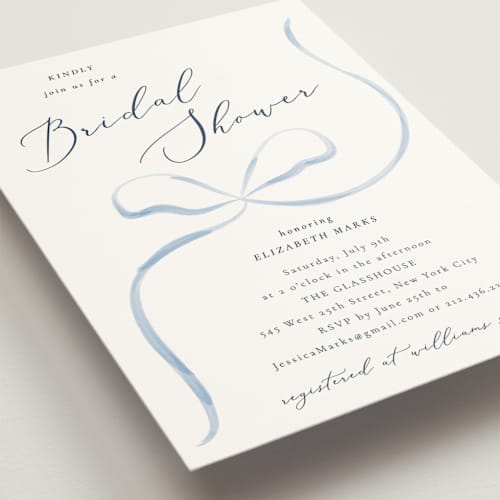 This is a dusty blue bridal shower invitations with standard by Corinne Malesic called bow printing on signature in standard