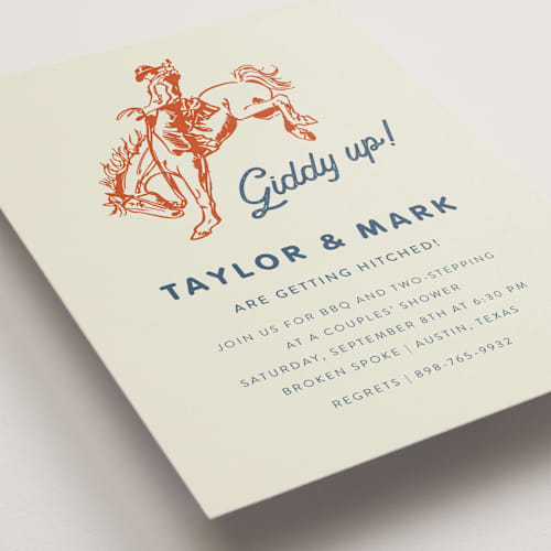 This is a cobalt bridal shower invitations with standard by Erin Hodges called giddy up printing on signature in standard