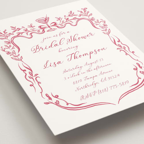 This is a cranberry bridal shower invitations with standard by Lucrecia Caporale called fun cocktails printing on signature in standard