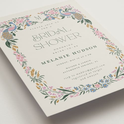 This is a peacock bridal shower invitations with standard by Vera Lim called paonne printing on signature in standard