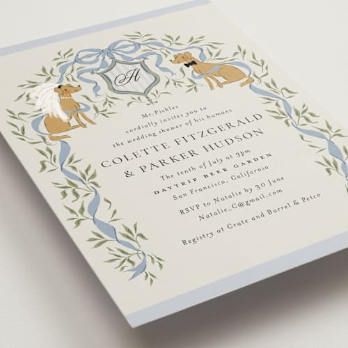 This is a blueberry bridal shower invitations with standard by Jackie Crawford called dog crest printing on signature in standard