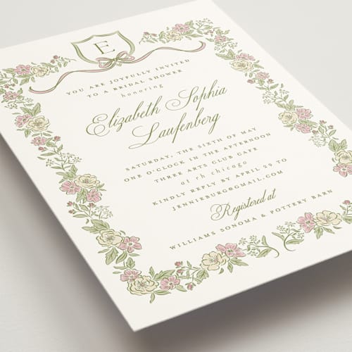 This is a grass bridal shower invitations with standard by Erin German called floral frame crest printing on signature in standard