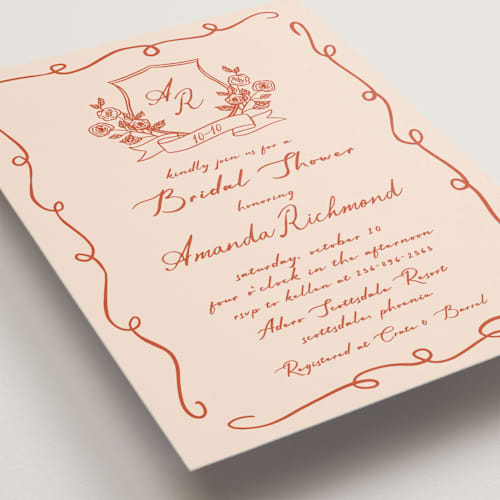 This is a peach bridal shower invitations with standard by Sherley Ferreira called bridal crest printing on signature in standard