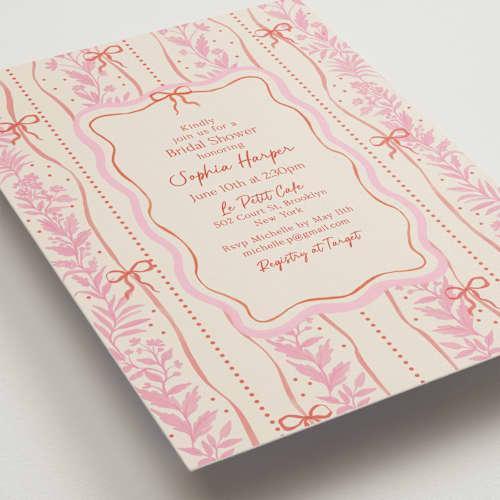 This is a strawberry bridal shower invitations with standard by Elly called cottage ribbons printing on signature in standard