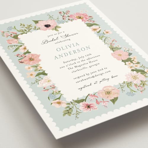 This is a blush bridal shower invitations with standard by Susan Moyal called blooming printing on signature in standard
