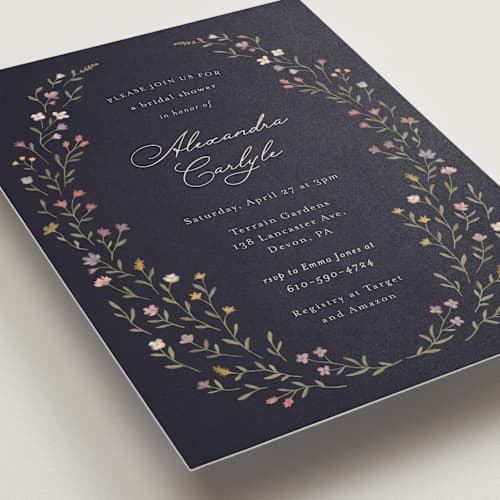 This is a navy bridal shower invitations with standard by Katherine Moynagh called floral greenery printing on signature in standard