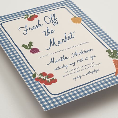 This is a denim bridal shower invitations with standard by Kelly Watkins called farmers market printing on signature in standard