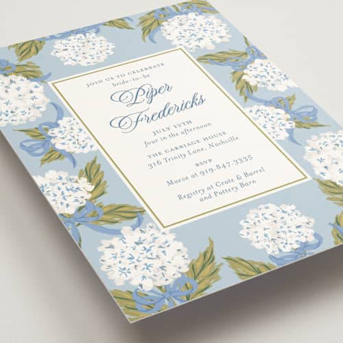 This is a blue bell bridal shower invitations with standard by Jackie Crawford called hydrangea bow bouquets printing on signature in standard