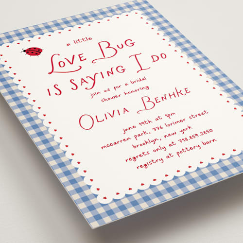 This is a sky bridal shower invitations with standard by Jennifer Lew called love bug printing on signature in standard