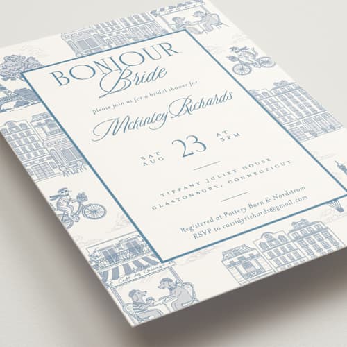 This is a provincial bridal shower invitations with standard by Jenna Holcomb called bonjour toile printing on signature in standard
