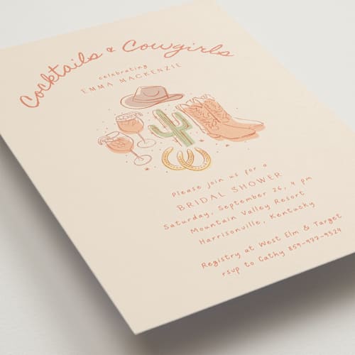 This is a sand bridal shower invitations with standard by frau brandt called cocktails & cowgirls printing on signature in standard