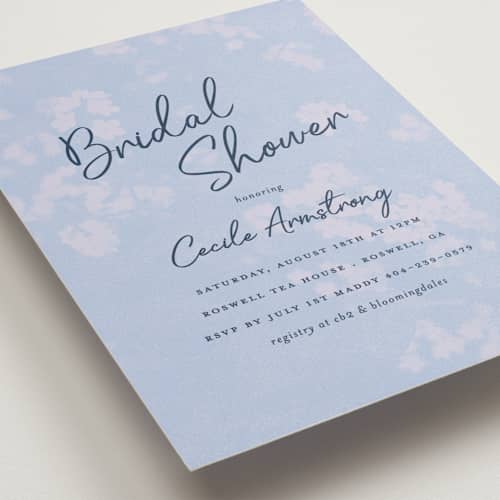 This is a sky bridal shower invitations with standard by Morgan Kendall called vintage florals printing on signature in standard