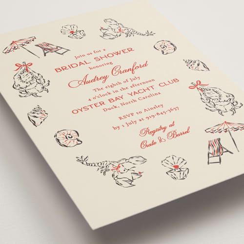This is a lobster bridal shower invitations with standard by Jackie Crawford called portofino printing on signature in standard