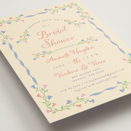 This is a cornflower bridal shower invitations with standard by Sarah Rosenthal called gardenia printing on signature in standard