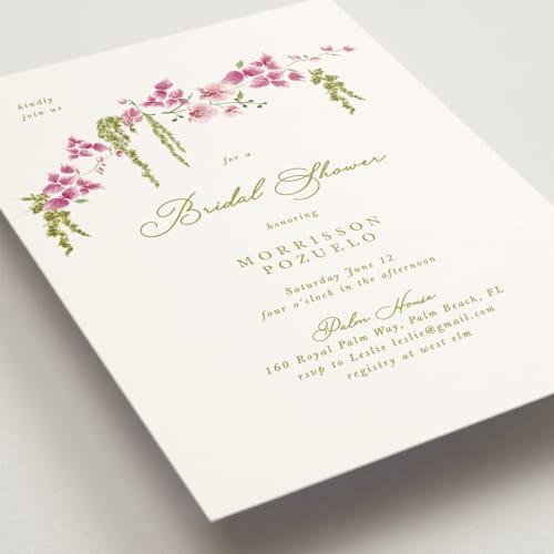 This is a chartreuse bridal shower invitations with standard by Tamara Hilje called cascading florals branch printing on signature in standard