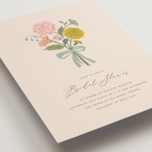 This is a cream bridal shower invitations with standard by Lori Wemple called floral bouquet printing on signature in standard