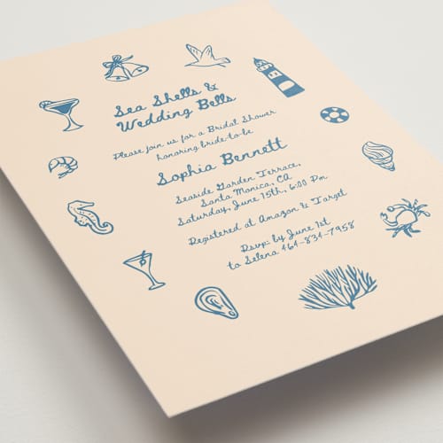 This is a ocean bridal shower invitations with standard by Rina Ozum called sea shells & wedding bells printing on signature in standard